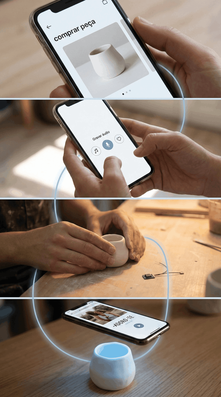 Pessoa usando um aplicativo de smartphone para gravar áudio e sincronizá-lo com uma tigela de cerâmi