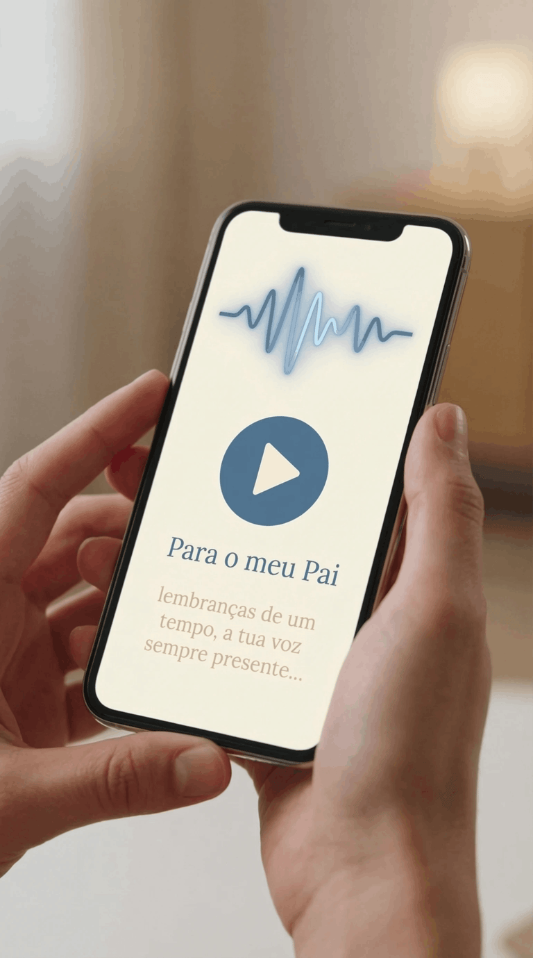 Hand holding a smartphone playing a personalized audio message for Father's Day with a sound wave icon.