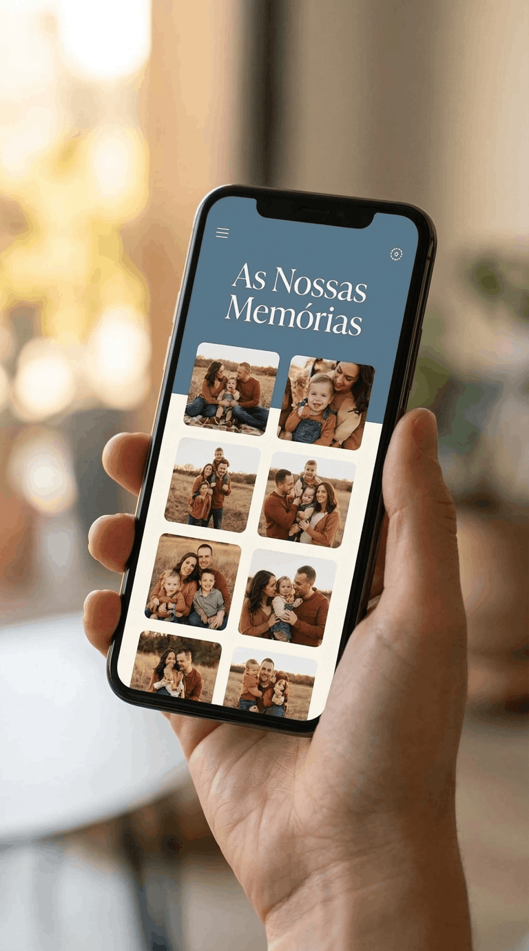 Hand holding a smartphone displaying a family photo album app titled As Nossas Memórias.