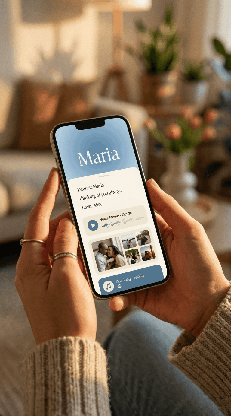Hand holding a smartphone displaying a digital memory scrapbooking app with photos, text, and voice memos.