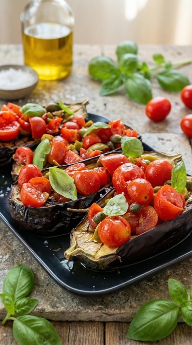 Ricetta semplici e genuina - Bruschetta di Melanzane con pomodorini, olive e capperi