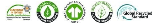 A row of sustainable textile certification logos including GOTS, OEKO-TEX, and Global Recycled Standard.