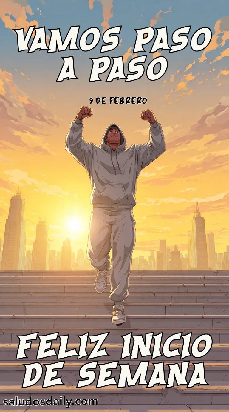Ilustración caricaturesca de un boxeador entrenando al amanecer en una ciudad, subiendo escaleras