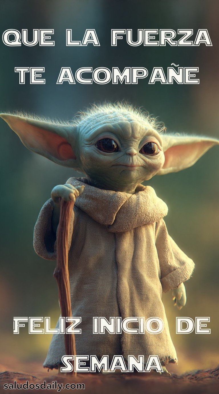 Personaje sabio de piel verde inspirado en un maestro Jedi, con túnica y bastón, iluminado por luz