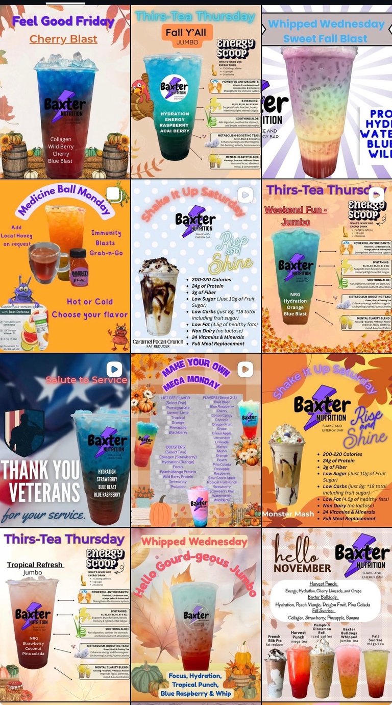 a variety of drinks and drinks in a variety of colors