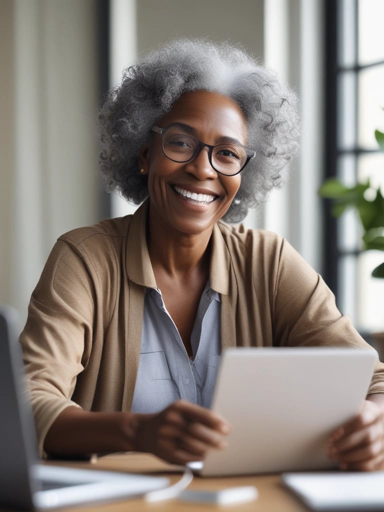 A friendly older business owner smiling while using a laptop, with subtle AI-themed graphics in the background.