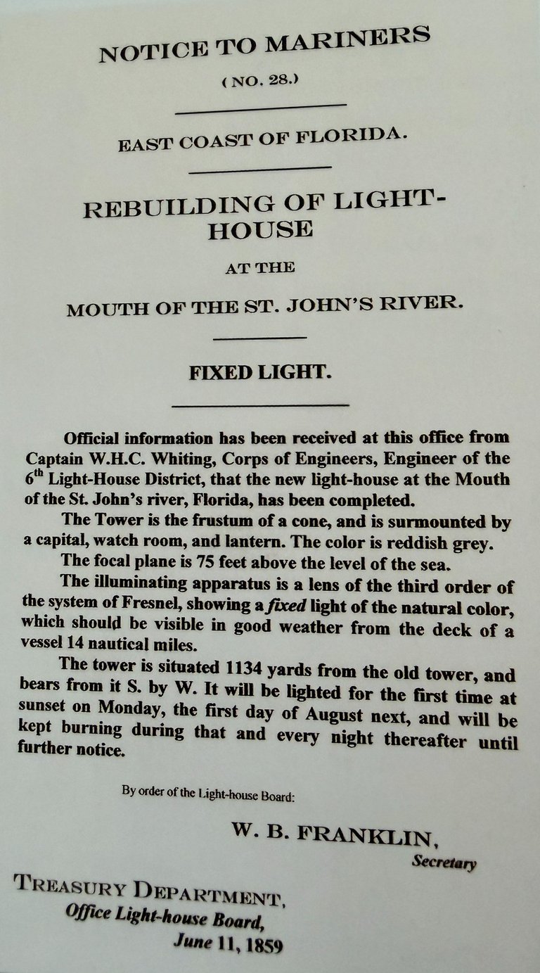 Scan of the Notice to Mariners indicating the date the St. Johns River Lighthouse was first lit. 