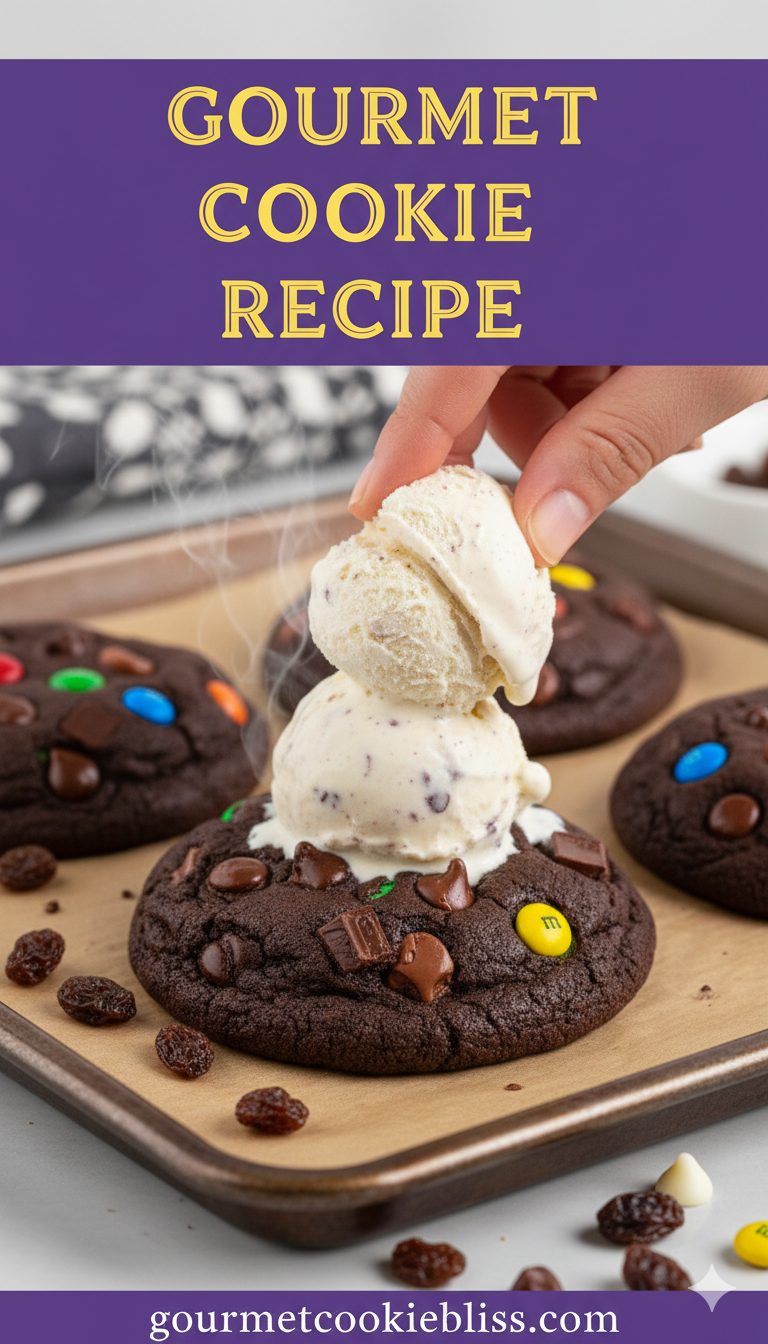 A warm double chocolate cookie on a baking sheet, topped with melting scoops of vanilla bean.