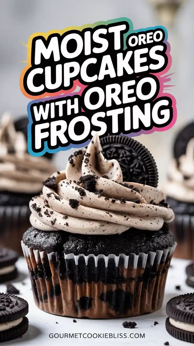 Close-up of a moist Oreo cupcake with crushed cookies inside and Oreo buttercream on top.