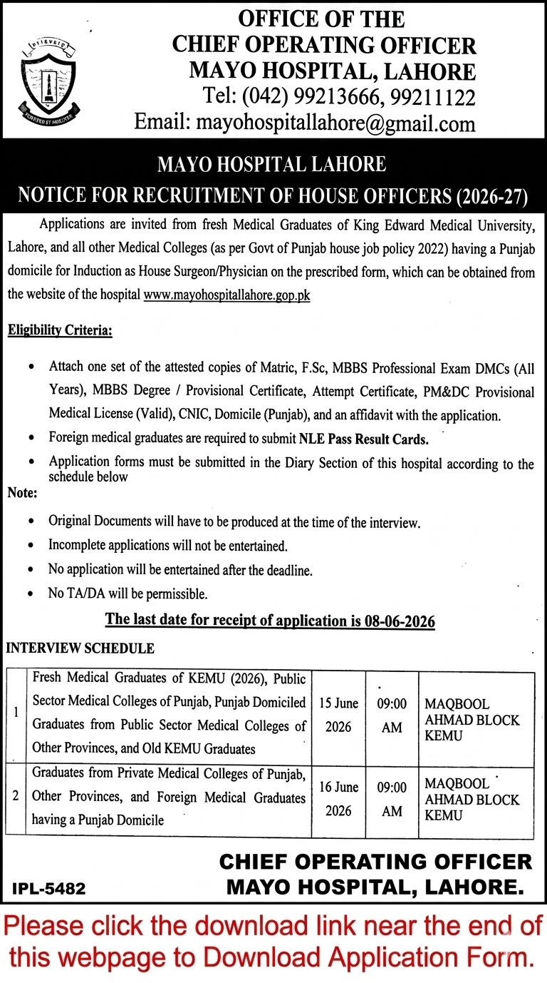 Mayo Hospital Lahore House Officer Induction 2026-27 advertisement for House Surgeons and House Phys