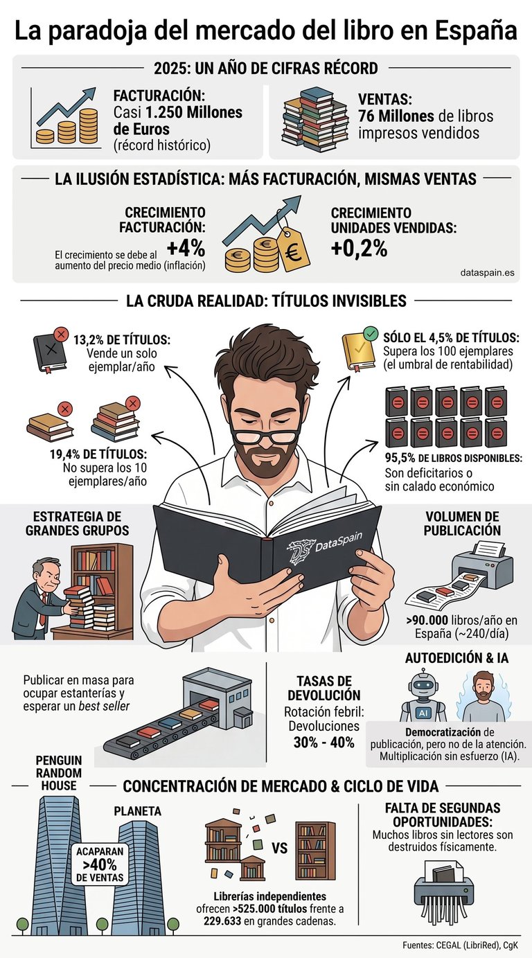Infografía de la Paradoja del Sector Editorial en España: Récord de facturación y títulos invisibles