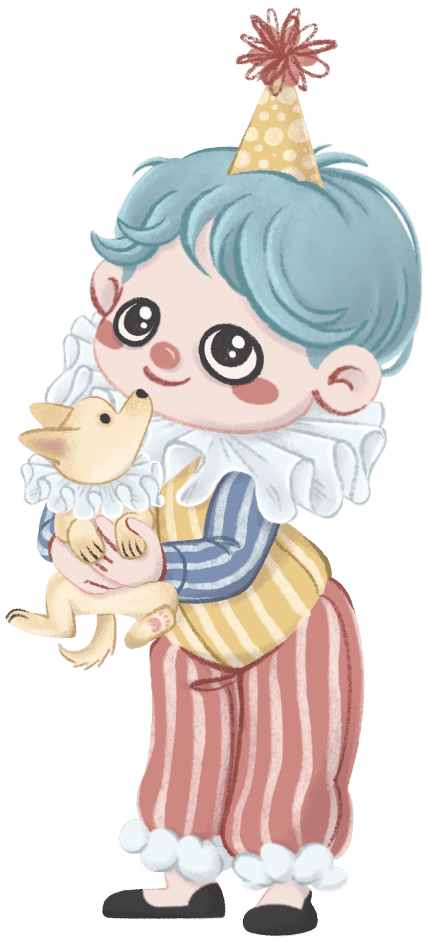 Bonita ilustración de dibujos animados de un niño payaso de pelo azul que sostiene un perrito con un