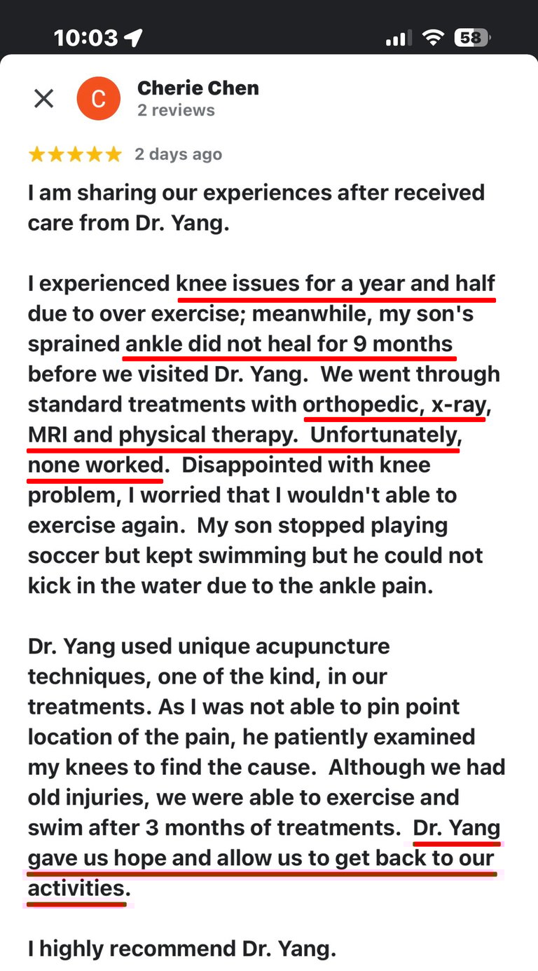 Screenshot of a five-star Google review from Cherie Chen describing long-term knee pain and her son’