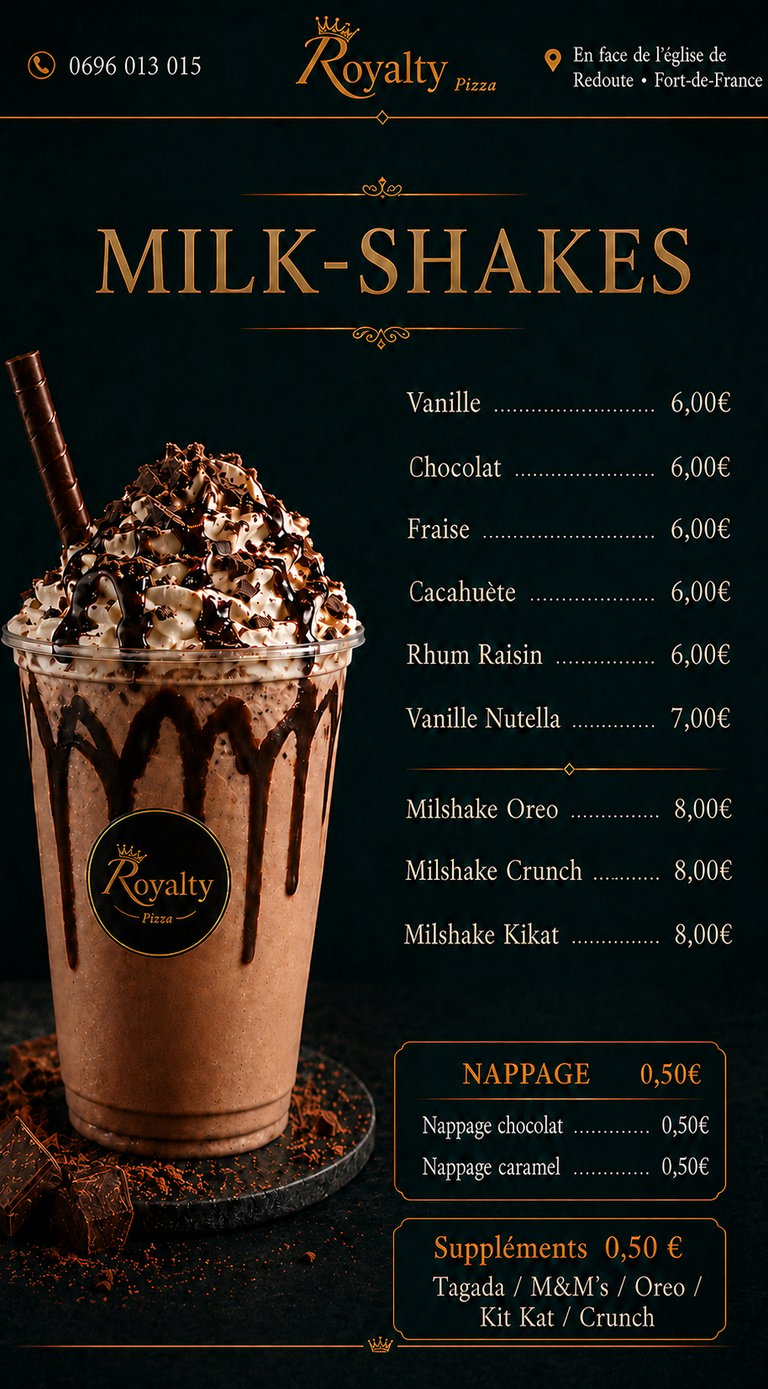 Carte Milkshake, Fort de france, Royalty Pizza, Martinique 