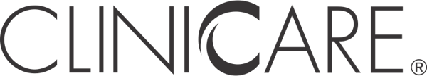 CLINICARE professional skincare brand logo in dark grey text on a black background.