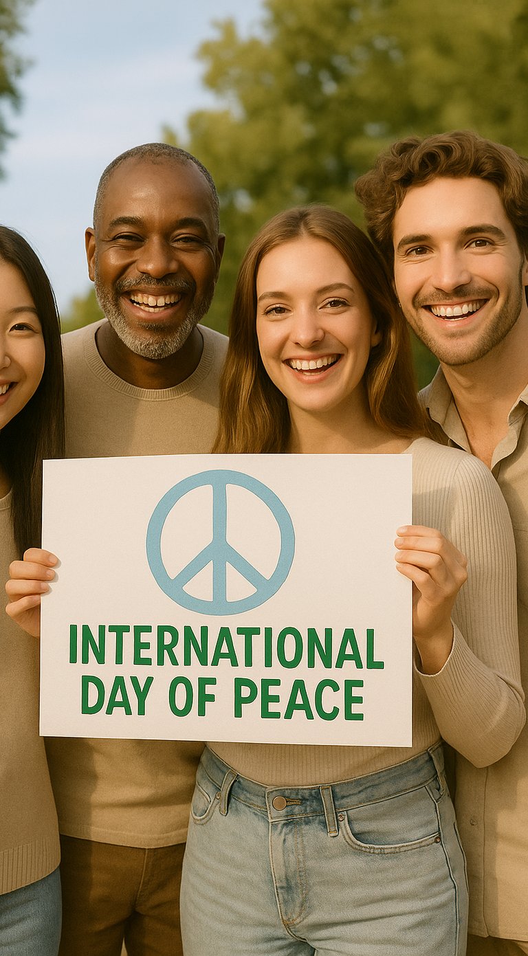 Quatre personnes en photo avec un panneau "journée internationale de la paix".