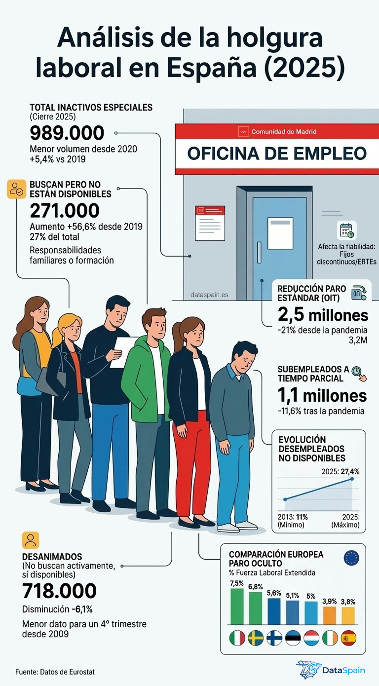 Infografía de la Holgura Laboral en España 2025: Análisis del Paro Oculto e Inactivos