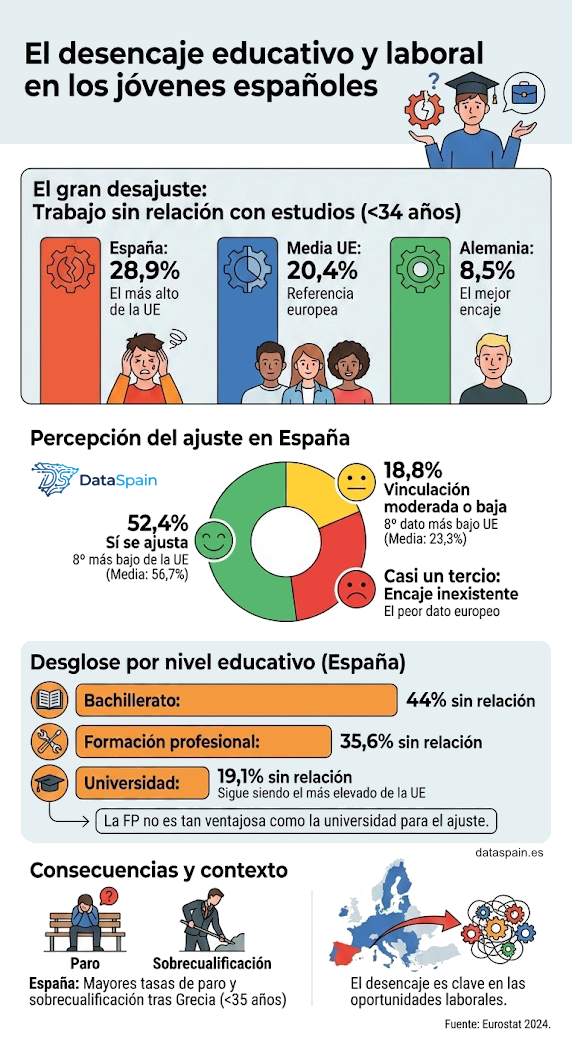Infografía del Desencaje Laboral en España: Por qué el 29% de los jóvenes no trabaja de lo suyo
