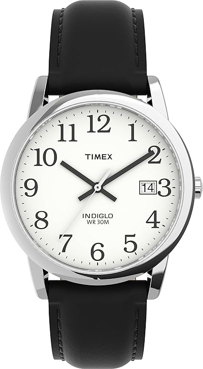 Timex Indiglo men's wristwatch with a classic white dial, black leather strap, and date window.