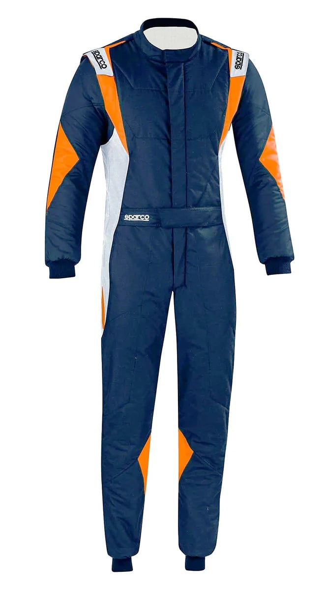 Sparco navy blue and orange professional racing suit with white side panels for driver safety.