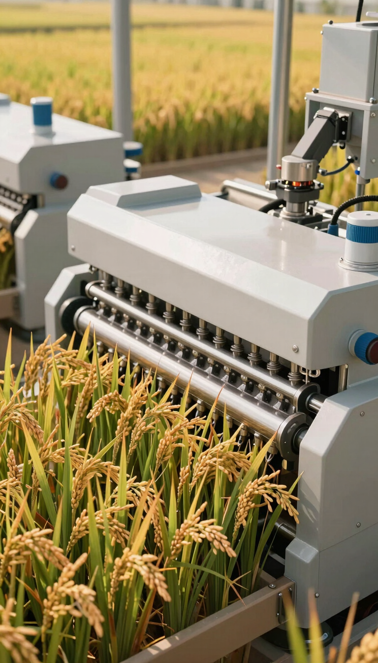 High-angle shot of modern rice milling machinery in a clean, well-lit facility, with focus on precision and automation, crisp, high-key lighting, editorial agricultural photography.