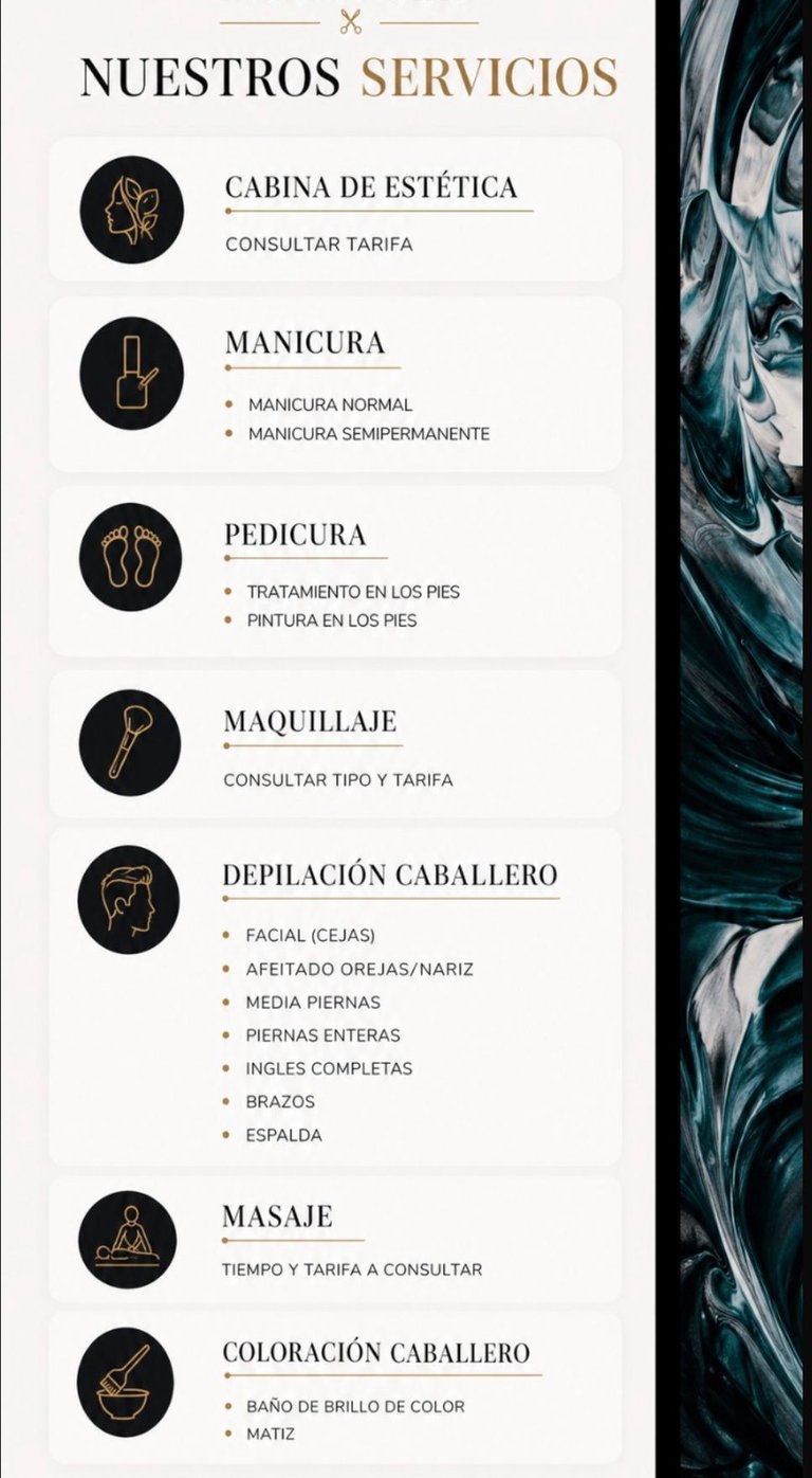 Service menu for Dream Estilismo y Belleza beauty salon offering manicure, pedicure, makeup, and massage.