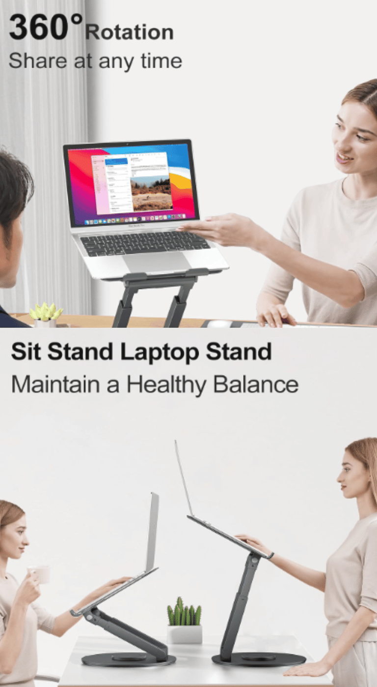 Ergonomic 360 rotation sit stand laptop stand for desk used by people in office settings.