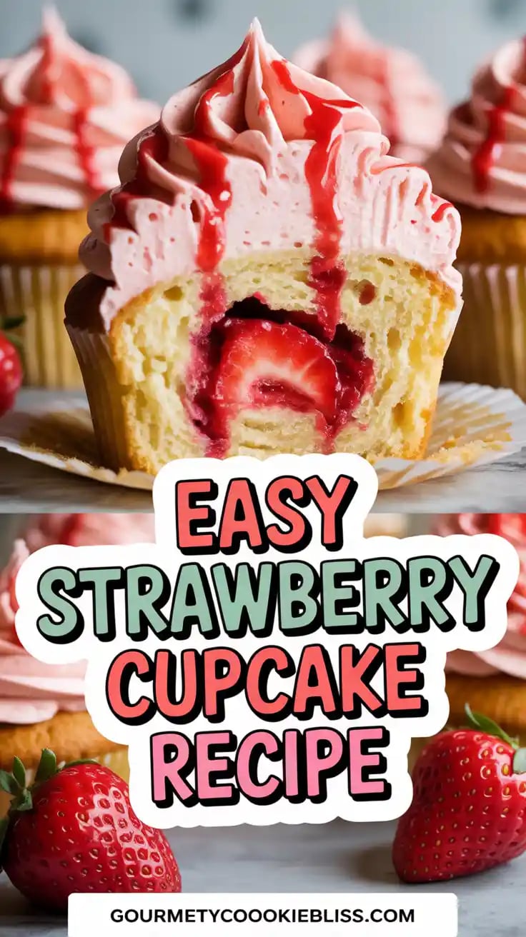 Close-up of a strawberry-filled vanilla cupcake with buttercream frosting and strawberry drizzle,.