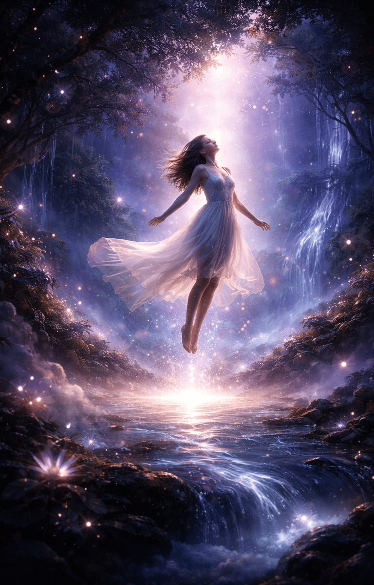 На изображении — парящая, словно летящая, девушка посреди сказочного леса