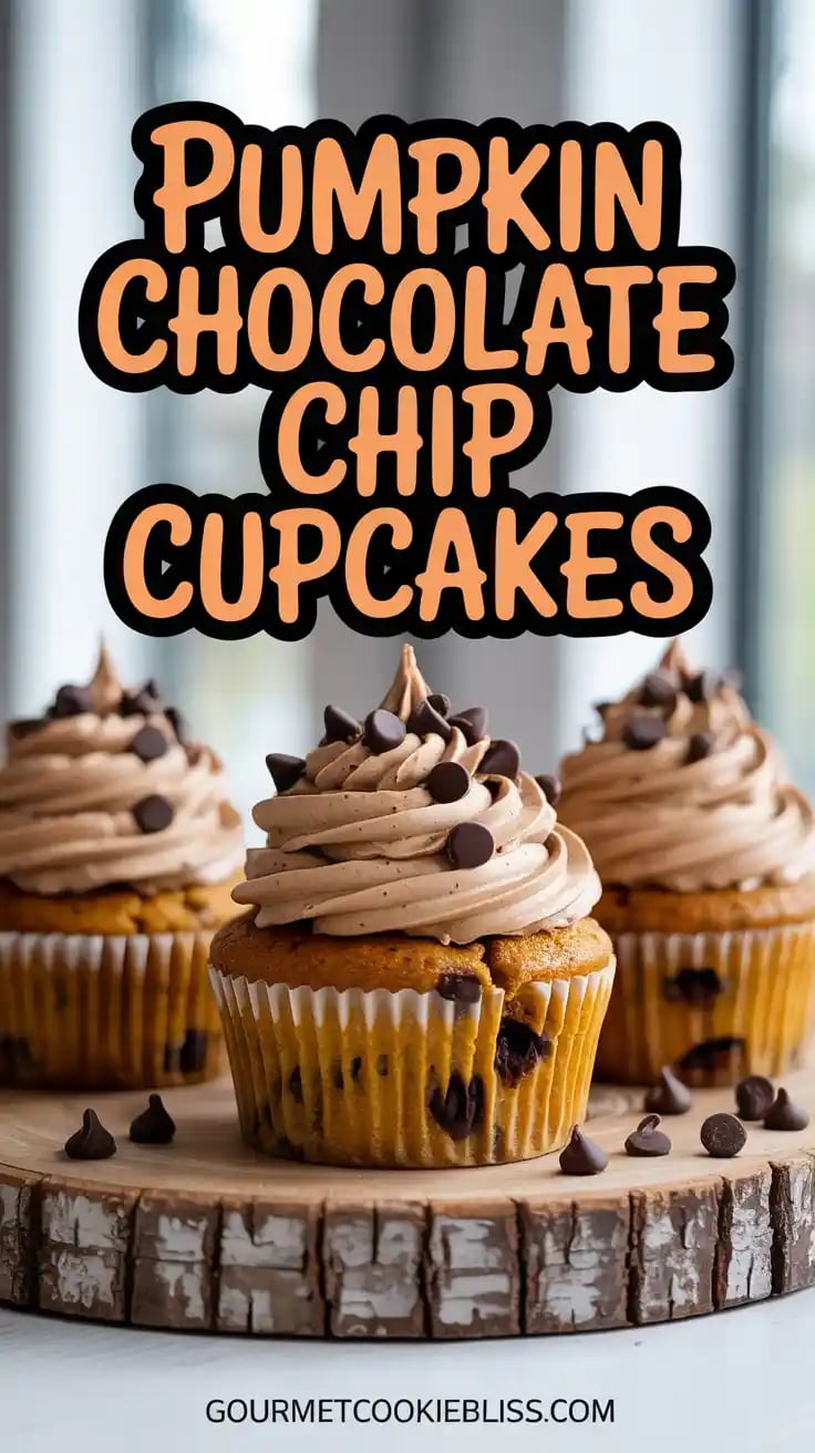 Moist pumpkin chocolate chip cupcakes with espresso buttercream frosting and melty chocolate chips.