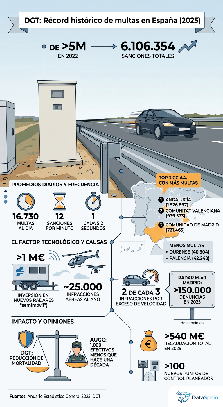 Infografía del Récord de multas DGT: datos, radares y recaudación en España