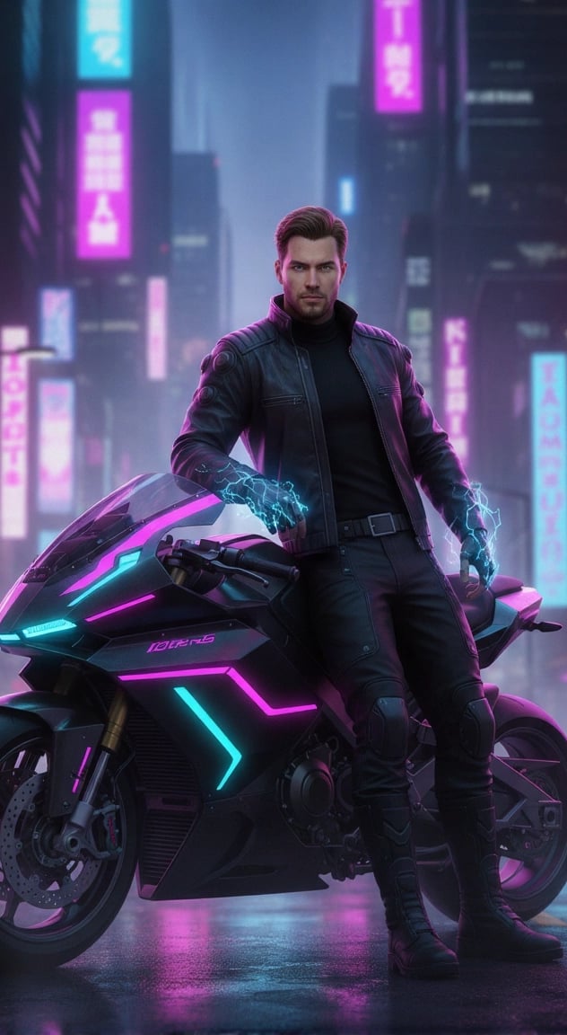 a man in a black jacket and black pants sitting on a motorcycle