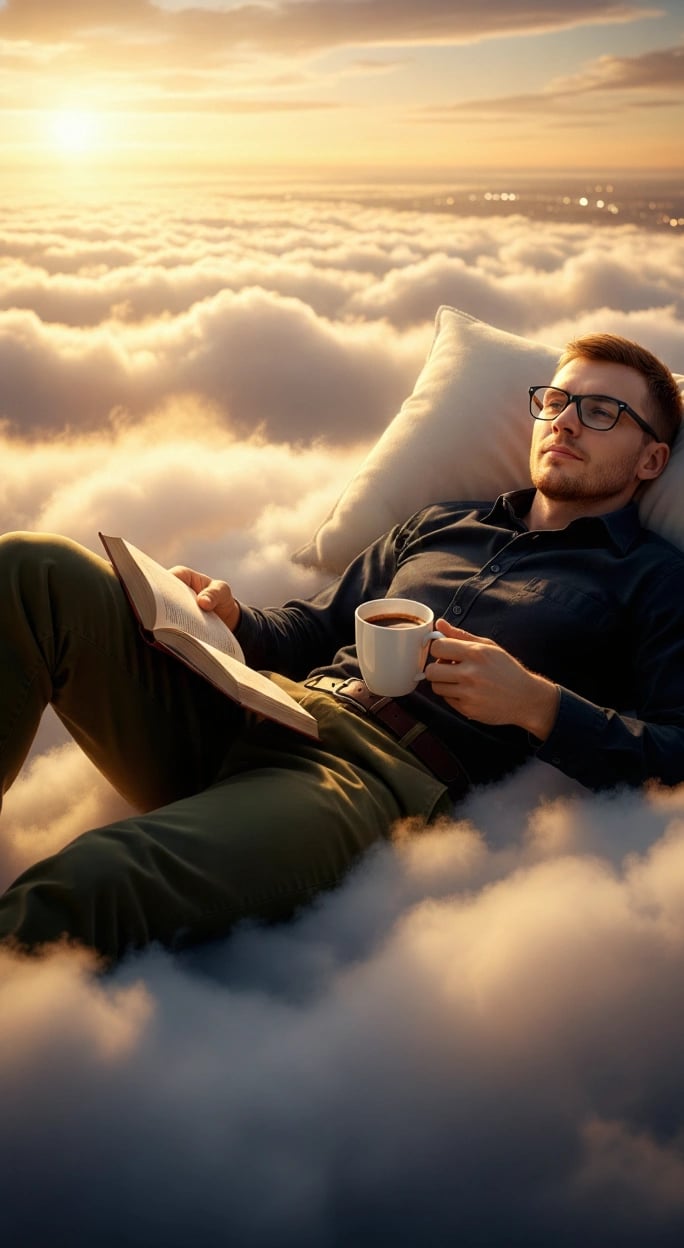 a man reading a book while lying on a cloud