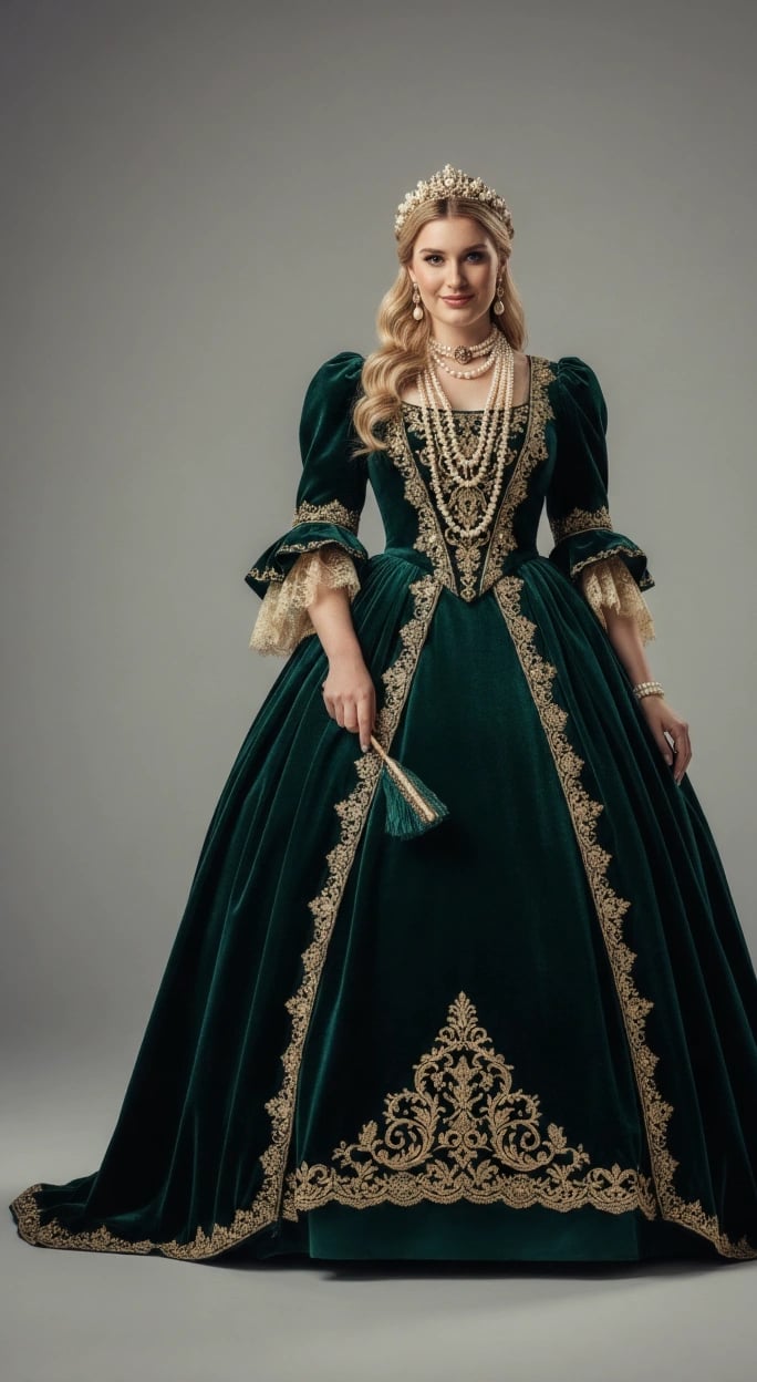 a woman in a green dress with a gold chain necklace and a pearl necklace