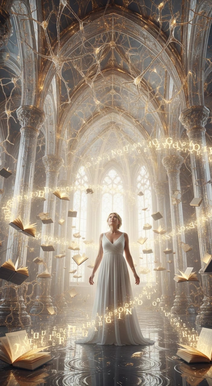 a woman in a white dress standing in a room with books and books