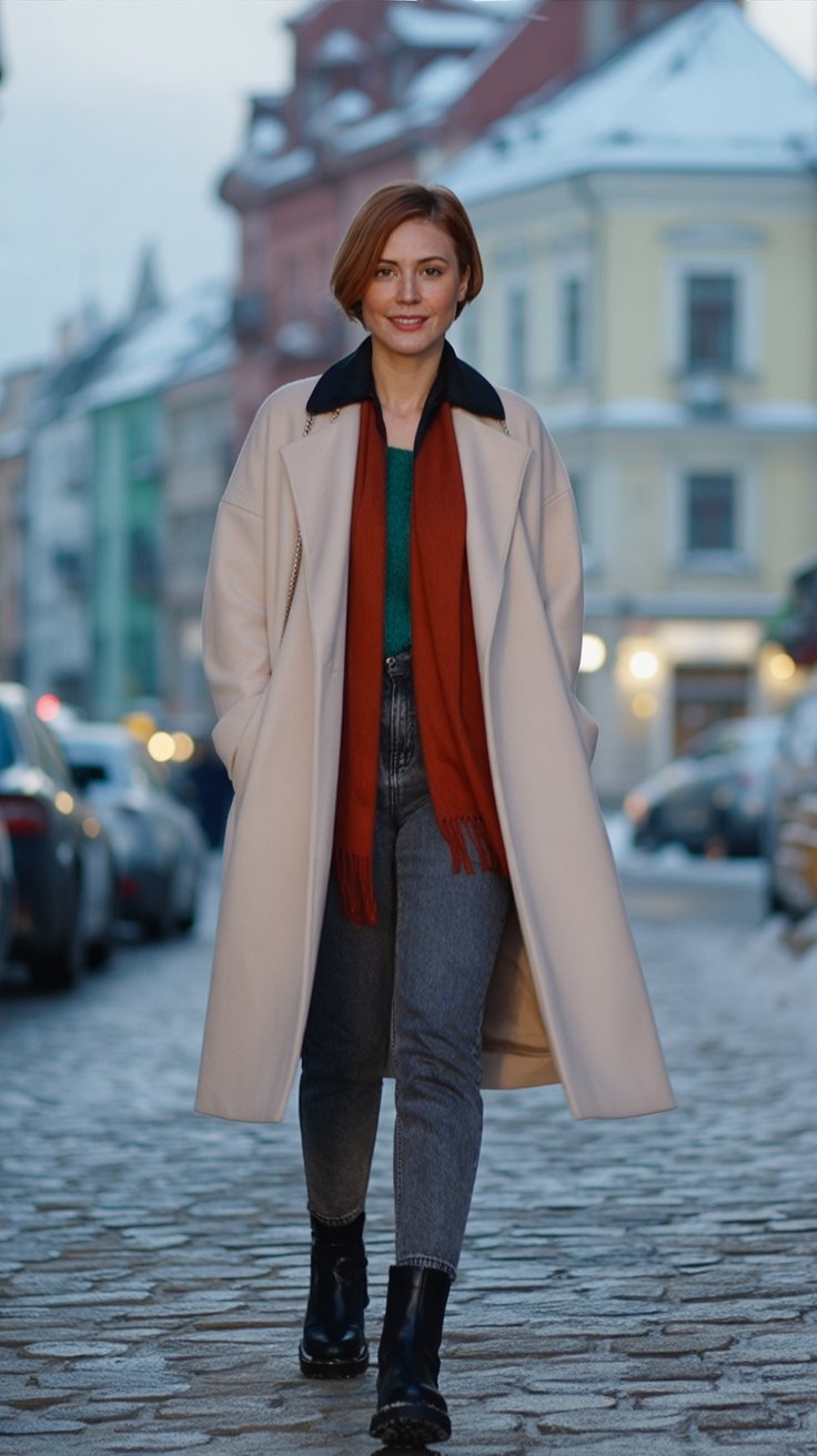 a woman in a coat and scarf standing on a brick wall