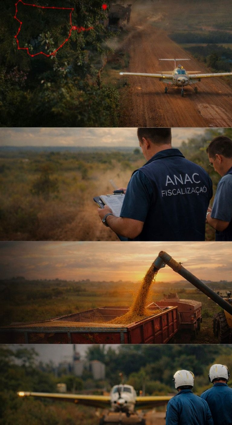 Fiscalização de aeródromo com aeronave em pista rural, equipe da ANAC operação do agronegócio em MT