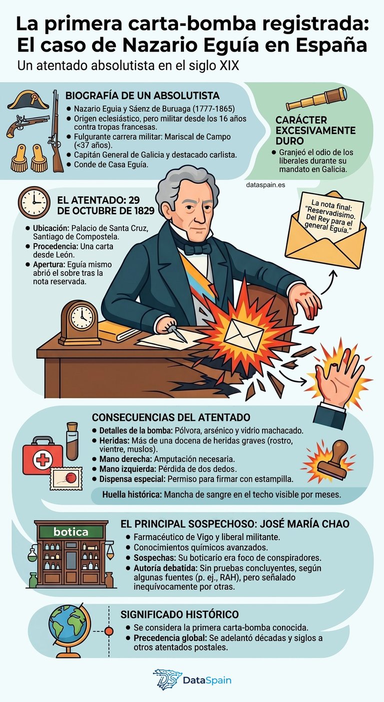 Infografía de la primera carta-bomba de la historia: El caso Nazario Eguía (1829)