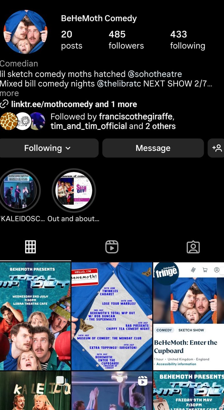Screenshot of BeHeMoth Comedy Instagram Page before a Instagram audit by Laura Franklin