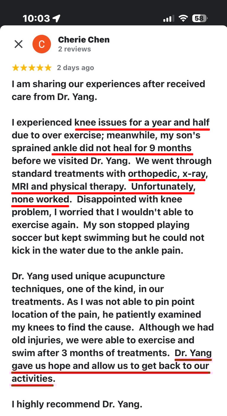 Screenshot of a five-star Google review from Cherie Chen describing long-term knee pain and her son’