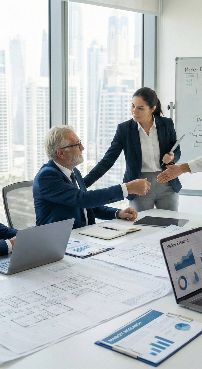 Team of senior consultants collaborating on a strategic blueprint in a modern UAE office