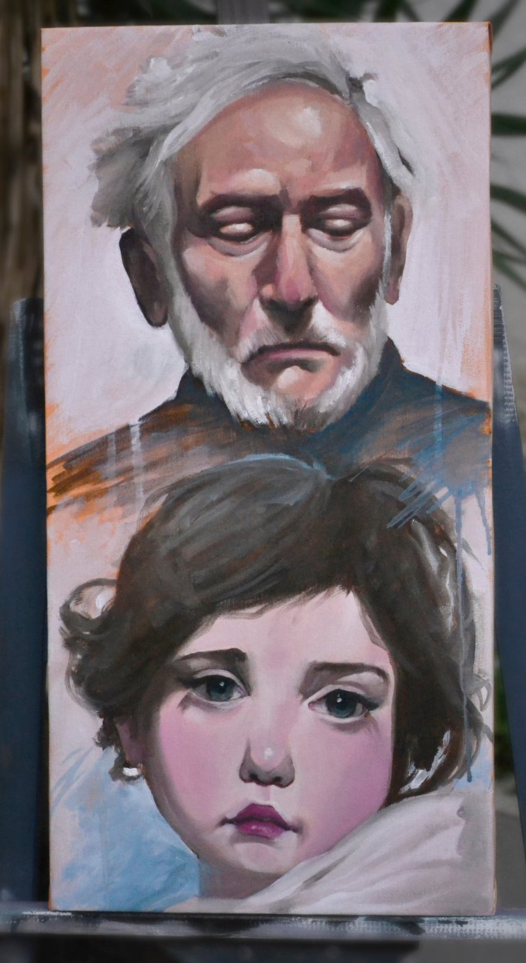 Retrato figurativo al óleo sobre lienzo, con pinceladas sueltas y expresivas que capturan emociones 