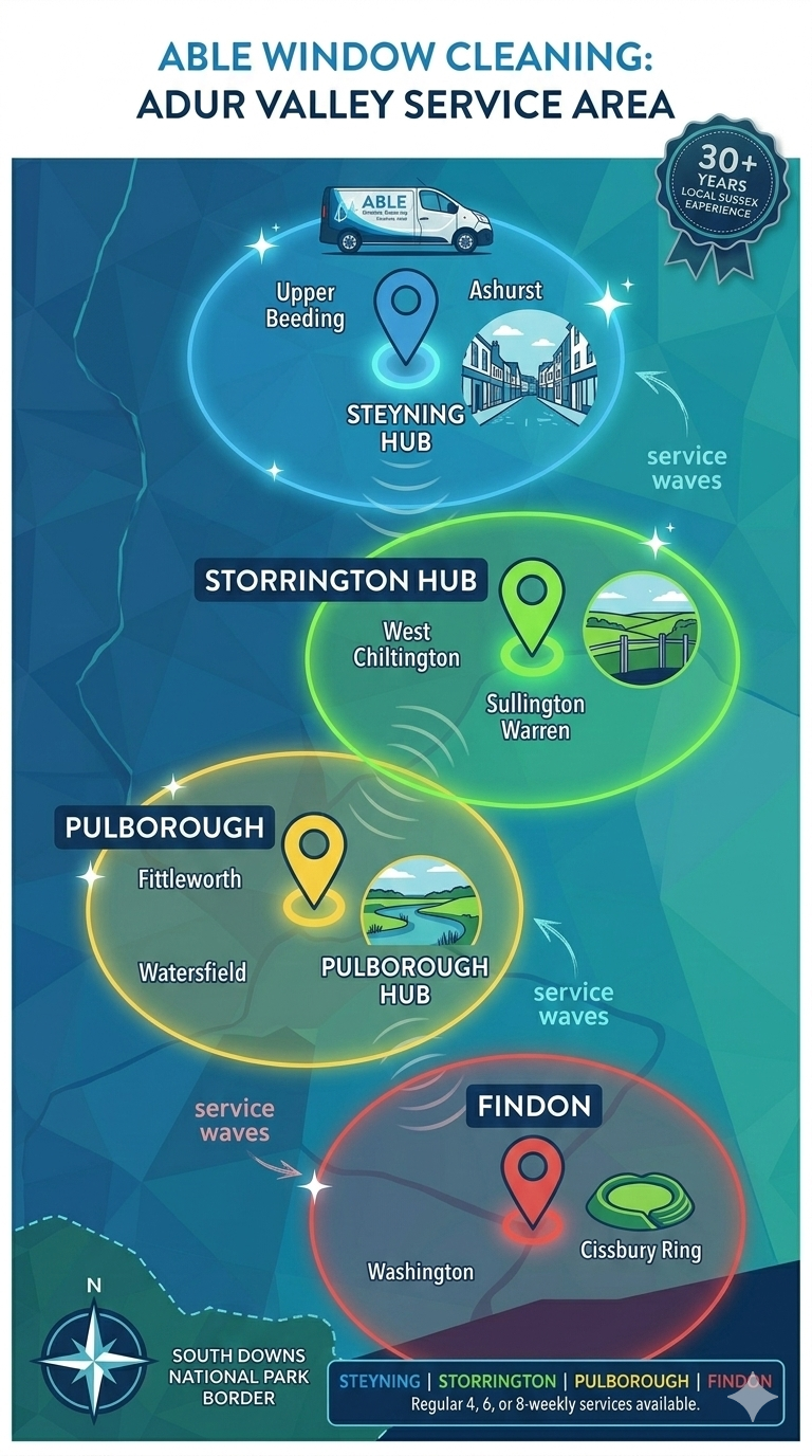 Service area map for Able Window Cleaning, covering Steyning, Pulborough, Storrington, and Findon 