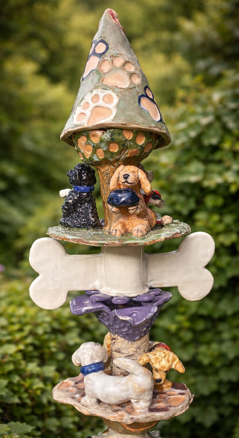 A vertical ceramic totem pole featuring a stack of various dog breeds accented with vibrant glazes. 