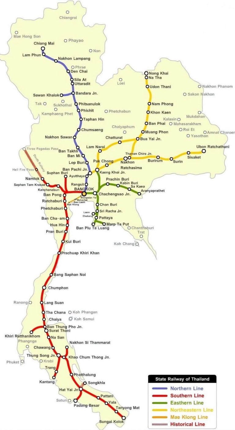 Carte des lignes de trains en Thaïlande