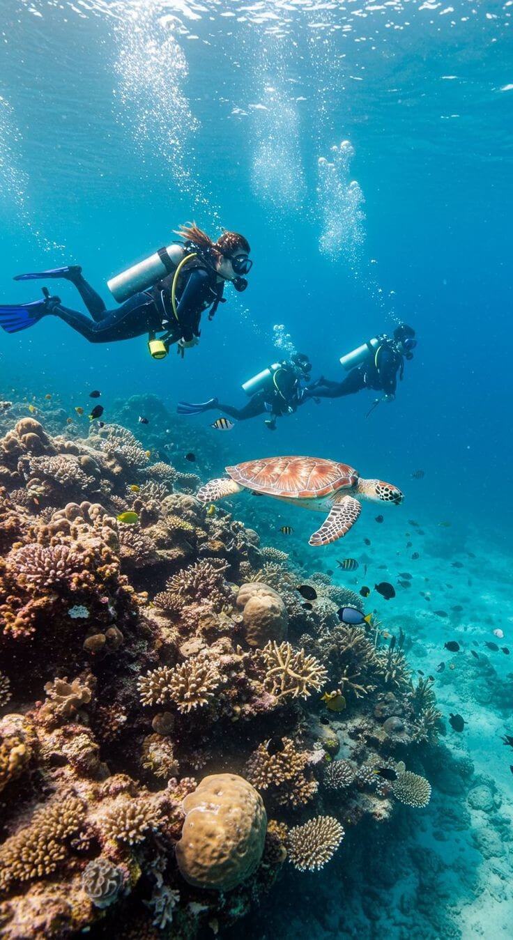 Scuba divers swimming near a sea turtle over a vibrant coral reef in clear blue tropical water.
