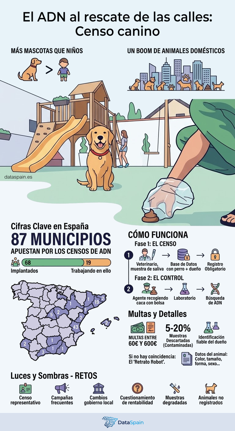 Infografía del Censo Canino por ADN en España: Municipios, Funcionamiento y Multas