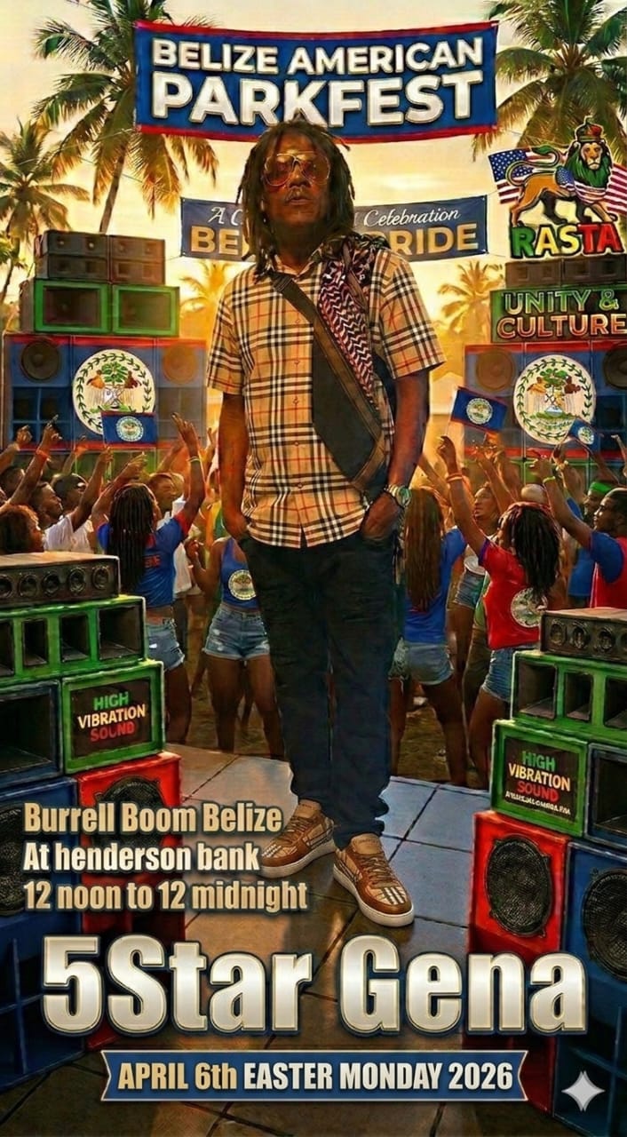 Poster for Belize American Parkfest featuring artist 5Star Gena performing at a Caribbean music festival.