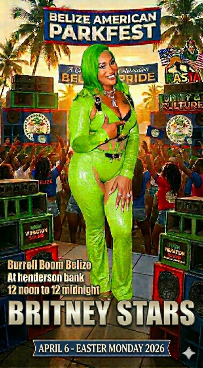Britney Stars poster for Belize American Parkfest 2026 at Henderson Bank featuring green outfits and sound systems.