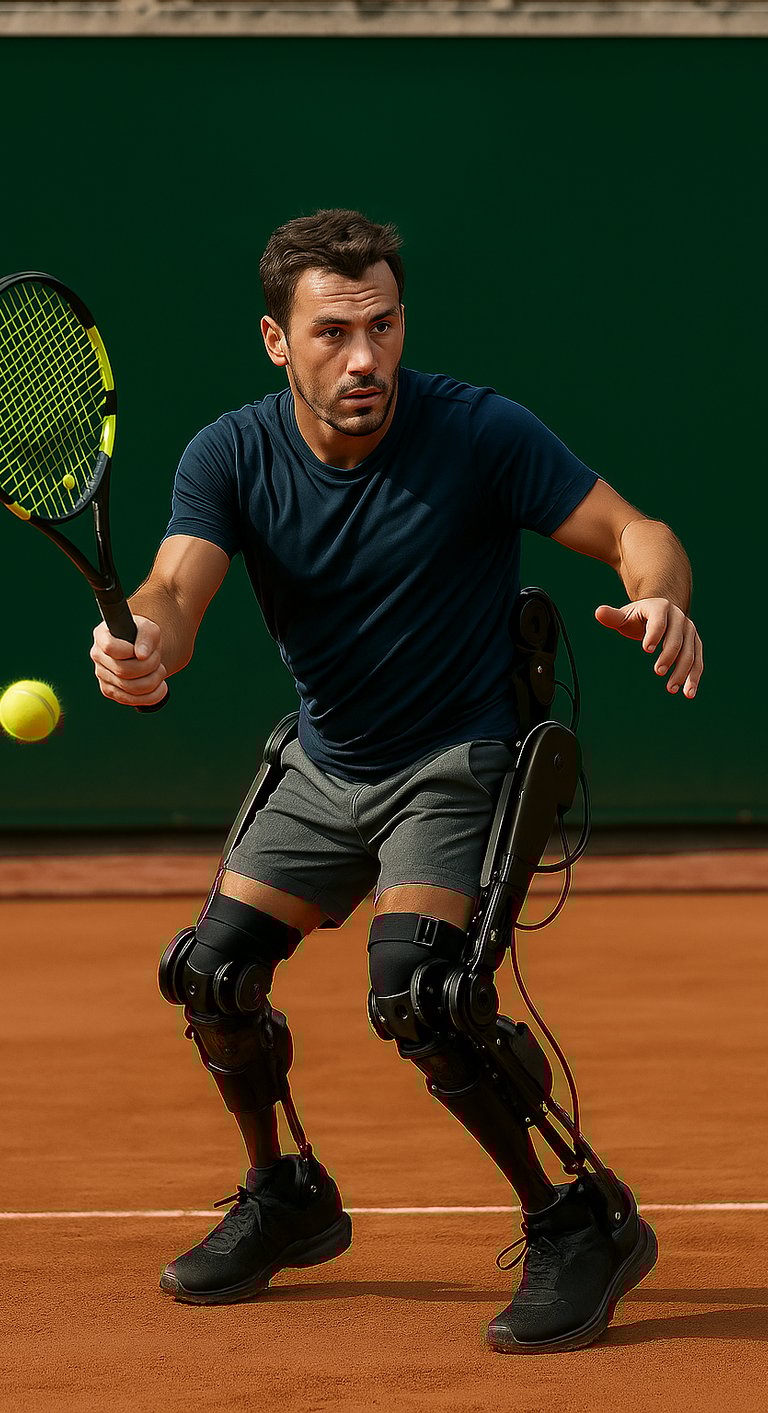 un homme avec un exosquelette qui joue au tennis pour la journée internationale du blessé médullaire